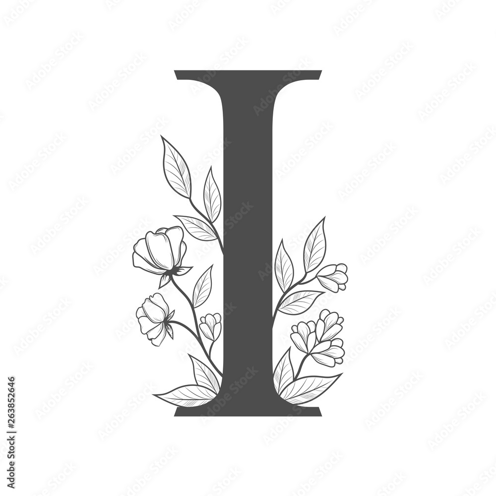 Uppercase Letter I with flowers and branches. Vector flowered monogram or logo. Hand Drawn concept. Botanical design branding. Composition of letter and flowers for wedding card, invitations, brand Uppercase Letter I with flowers and branches. Vector flowered monogram or logo. Hand Drawn concept. Botanical design branding. Composition of letter and flowers for wedding card, invitations, brand