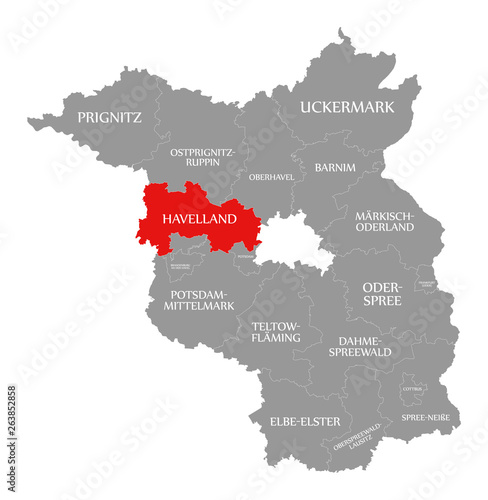 Havelland county red highlighted in map of Brandenburg Germany