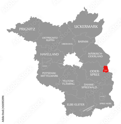 Frankfurt Oder county red highlighted in map of Brandenburg Germany