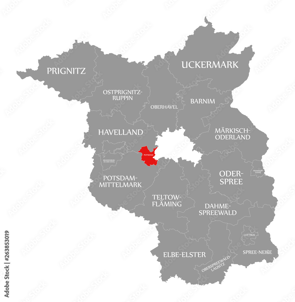 Potsdam county red highlighted in map of Brandenburg Germany