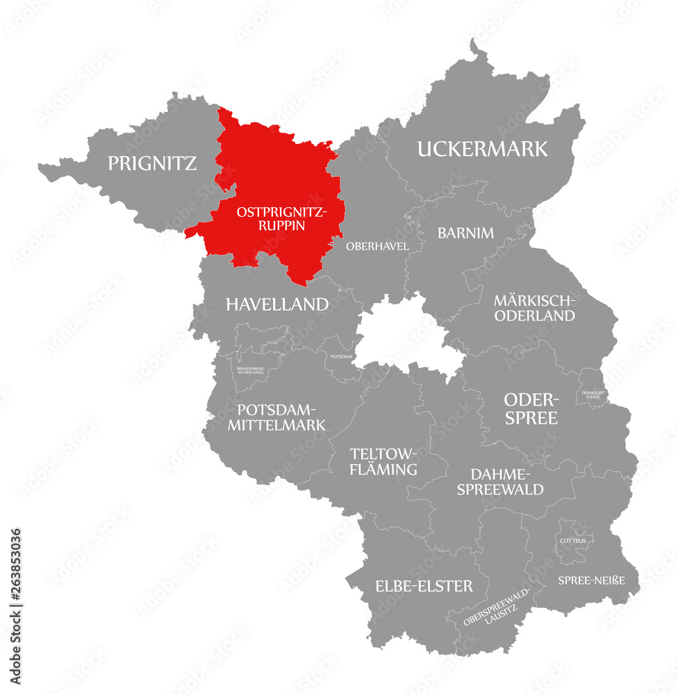 Ostprignitz-Ruppin county red highlighted in map of Brandenburg Germany