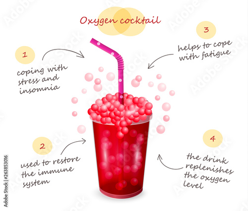 One oxygen cocktail. Concept for spa center. Glass with fruit cocktail and a pipe. Color vector illustration isolated on a white background.