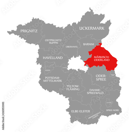 Maerkisch-Oderland county red highlighted in map of Brandenburg Germany