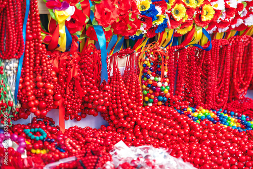 Gorgeous red and colorful beads. Close up