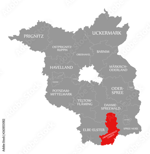 Oberspreewald-Lausitz county red highlighted in map of Brandenburg Germany