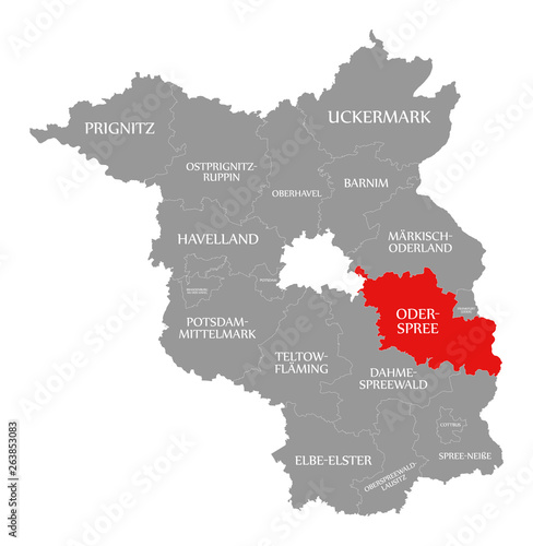 Oder-Spree county red highlighted in map of Brandenburg Germany