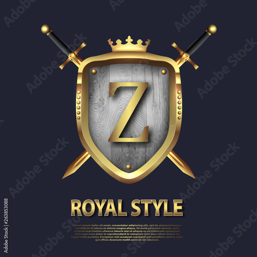 Letter Z and two crossed swords and shield with crown. Letter Design in gold color for uses as heraldic symbol of power, loyalty, security, emblem, logo. Background Vector illustration