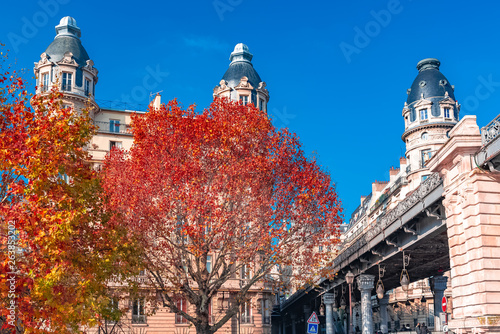 Paris, beautiful buildings in a chic area, at the Bir-Hakeim bridge, in autumn