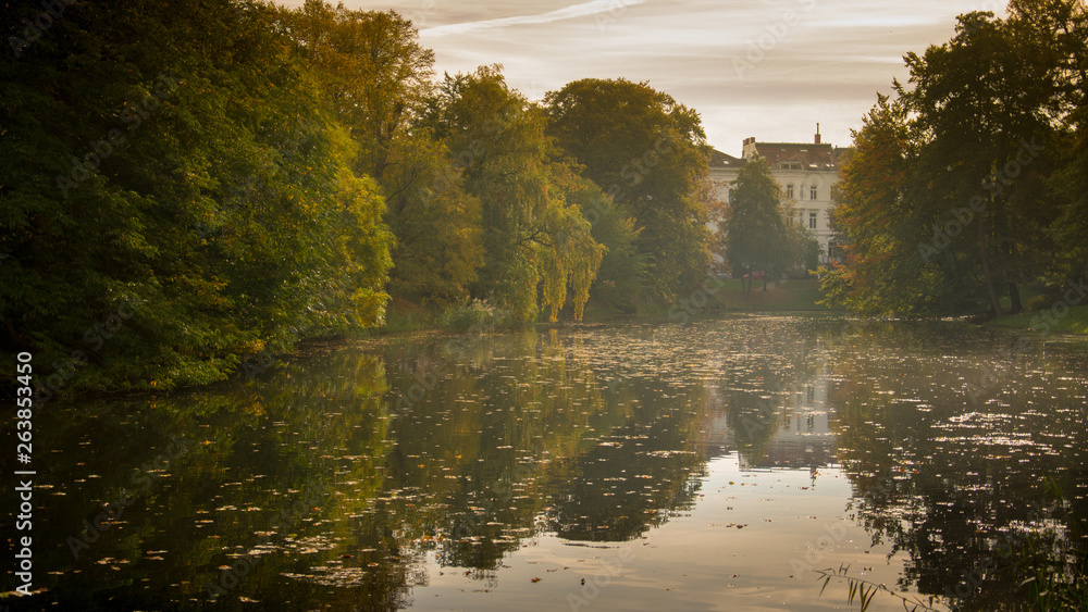 Fototapeta premium view from the park of Bremen Germany, autumn with brightly colored leaves, and reflection of water