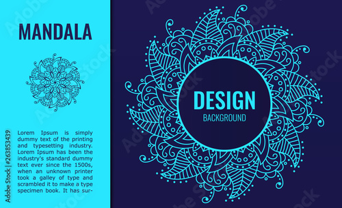 banner with Elegant blue mandala on dark blue background. Decorative ornate circle mandala. A symbol of life and health. Vector illustration.