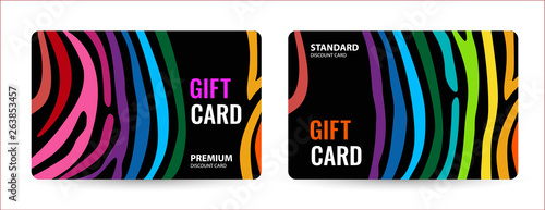 Bright card with rainbow line. Creative Gift card on black background. Universal dark flyer template for advertising your business. Vector Illustration.