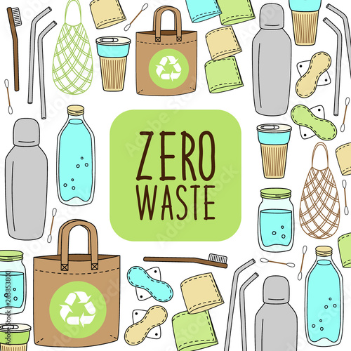 Cute hand drawn elements of no plastic, zero waste concept, eco lifestyle, go green theme