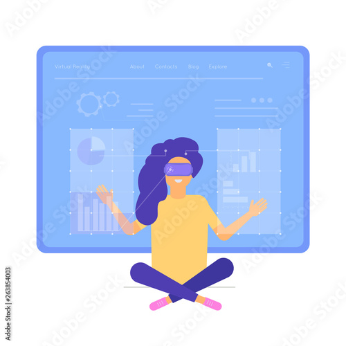 Virtual reality concept for landing page design with character of woman wearing goggle headset and touching vr interface