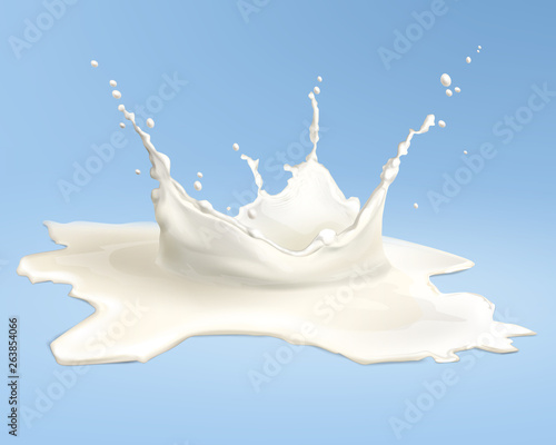 Vector illustration of realistic pouring milk splash isolated on blue background
