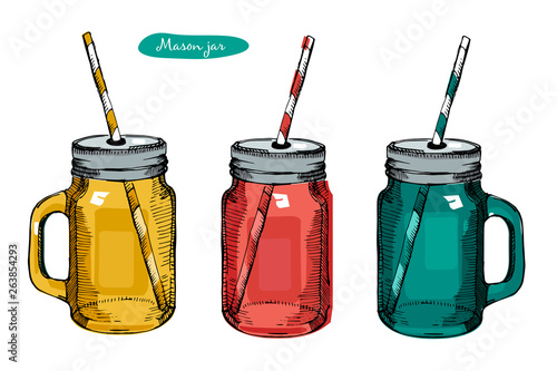 Glass Mason Jar with handle, drinking straw for cocktail and lemonade and smoothie. For bar and restaurant menu. Vector Illustration isolated on white background