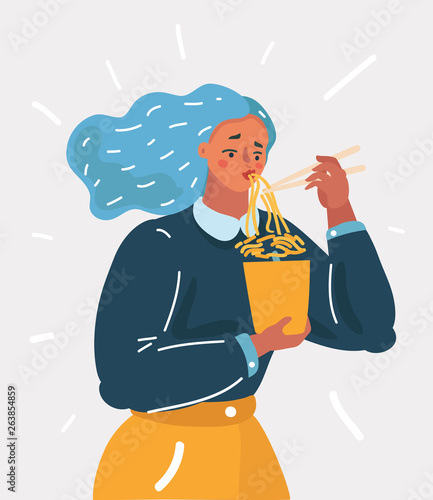 Girl enjoying her ramen noodle with chopstick.