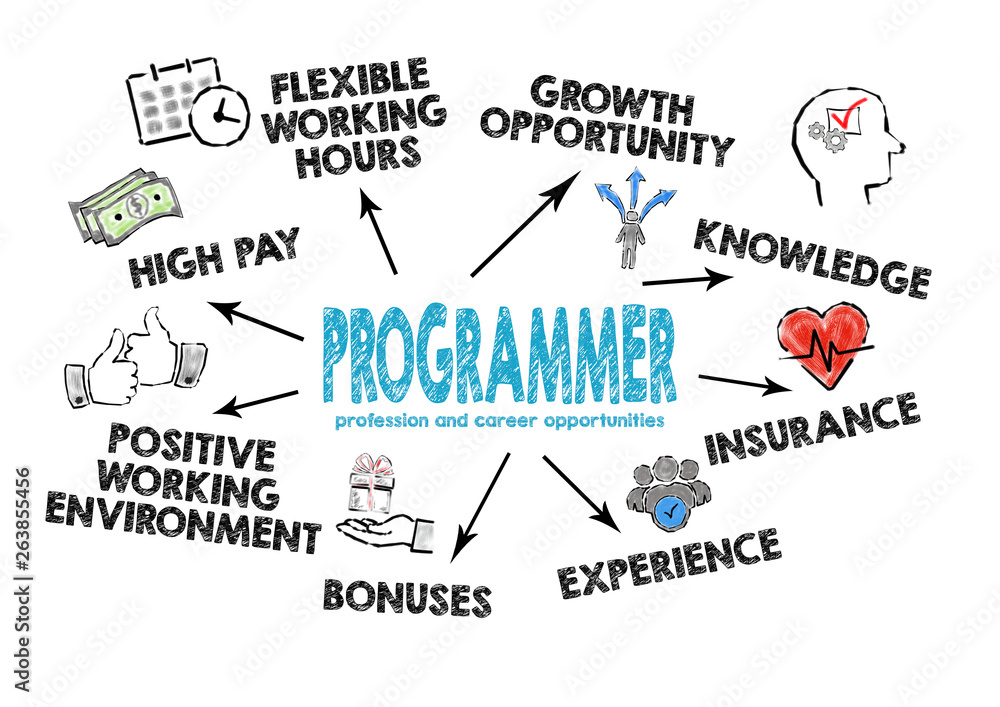 Programmer profession and career opportunities. Chart with keywords and icons on white background