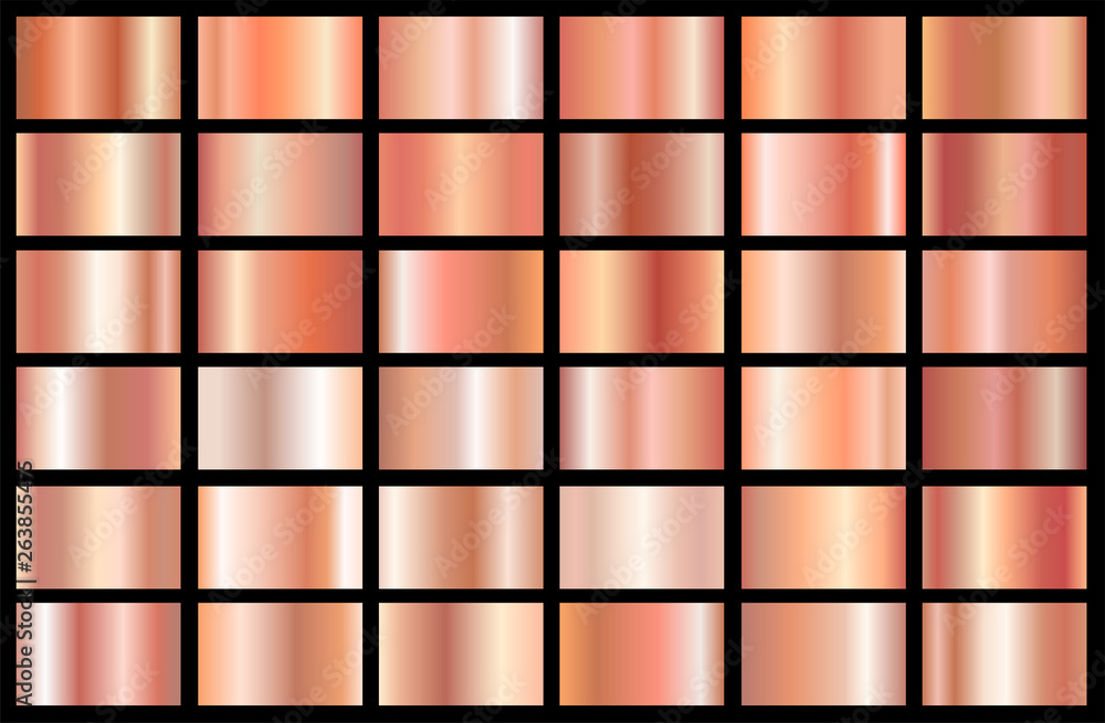 Realistic pink gold gradient texture pack. Shiny golden rose metal foil gradient set. Vector illustration Realistic pink gold gradient texture pack. Shiny golden rose metal foil gradient set. Vector illustration
