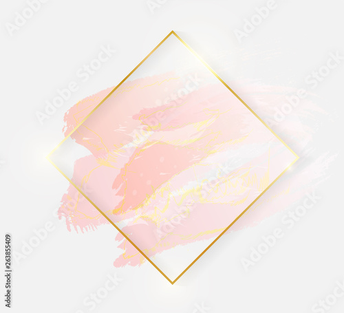 Gold shiny glowing rhombus frame with rose pastel brush strokes isolated on white background. Golden luxury line border for invitation, card, sale, fashion, wedding, photo etc. Vector illustration