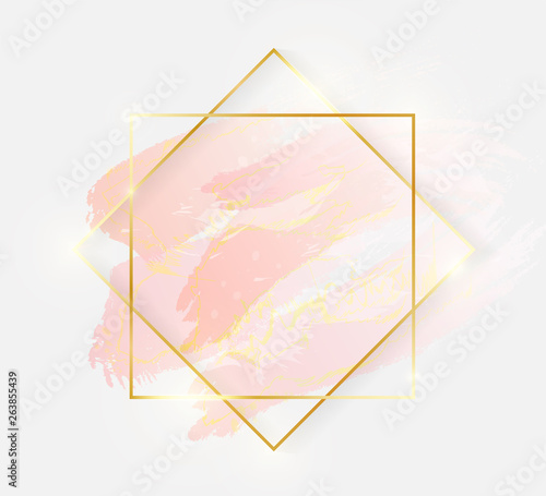 Gold shiny glowing art frame with rose pastel brush strokes isolated on white background. Golden luxury line border for invitation, card, sale, fashion, wedding, photo etc. Vector illustration