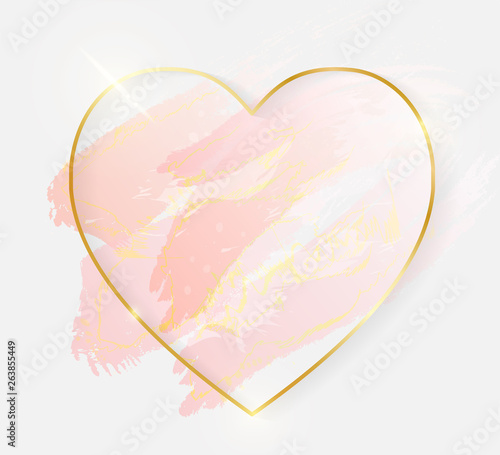 Gold shiny glowing heart frame with rose pastel brush strokes isolated on white background. Golden luxury line border for invitation, card, sale, fashion, wedding, photo etc. Vector illustration