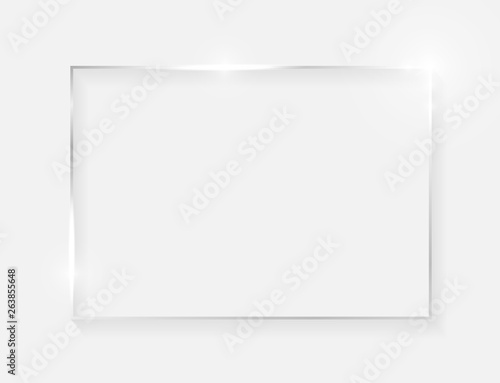 Silver shiny glowing vintage frame with shadows isolated on white background. White gold luxury realistic border. Wedding, mothers or Valentines day concept. Xmas and New Year abstract. Vector