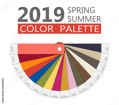 Round paper Spring and summer 2019 colors palette. Fashion trend guide. Palette fashion colors guide with named color swatches, RGB and TCX. Color of the year - living coral. Vector illustration