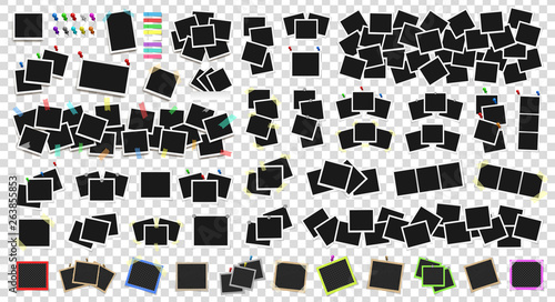 Mega pack of realistic vector photo frames on sticky tape, pins and rivets. Template photo design. Colored metal pins and paper stickers set. Isolated on transparent background. Vector illustration
