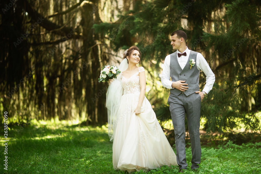 A wedding couple enjoys walking in the woods. Newlyweds hug and hold hands