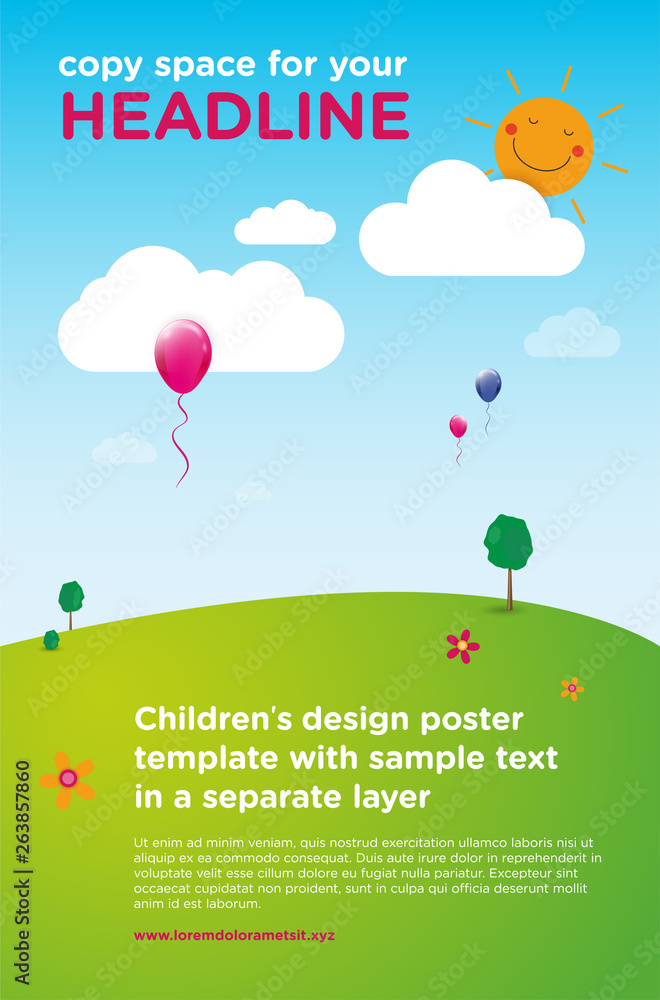 Children’s design poster template with abstract summer landscape Children’s design poster template with abstract summer landscape