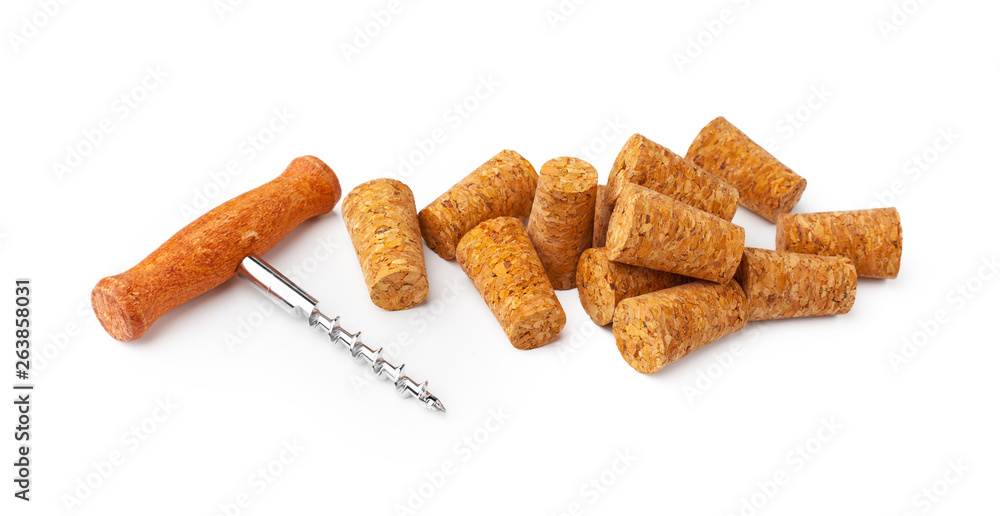 corkscrew and wine cork isolated on white background corkscrew and wine cork isolated on white background