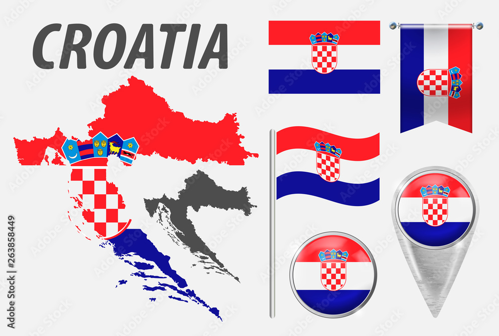 CROATIA. Collection of symbols in colors national flag on various objects isolated on white background. Flag, pointer, button, waving and hanging flag, detailed outline map and country inside flag. CROATIA. Collection of symbols in colors national flag on various objects isolated on white background. Flag, pointer, button, waving and hanging flag, detailed outline map and country inside flag.