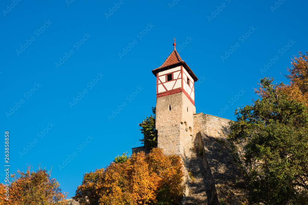 tower of city wall, Bad Wimpfen, Germany. Blue sky, space for text