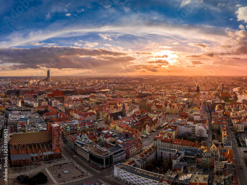 Sunset over Wrocław aerial view