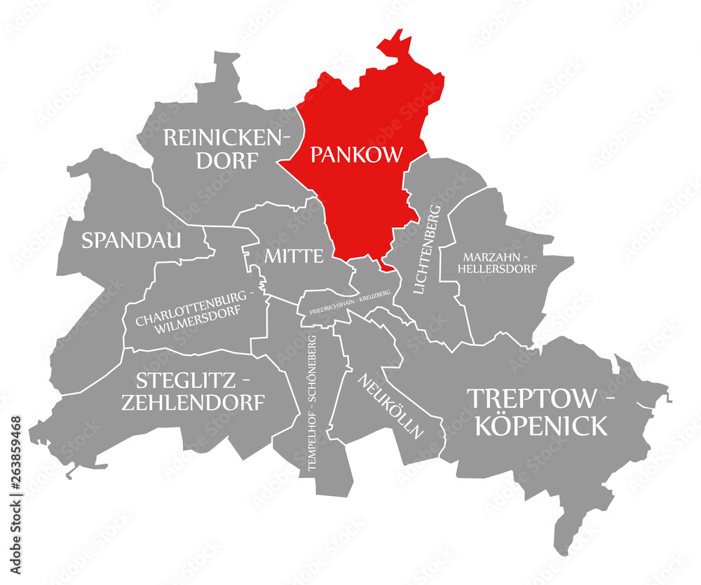 Pankow city district red highlighted in map of Berlin Germany