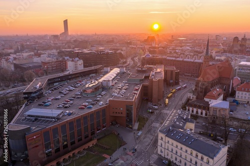 Beautiful, colorful sunset over Wrocław aerial view