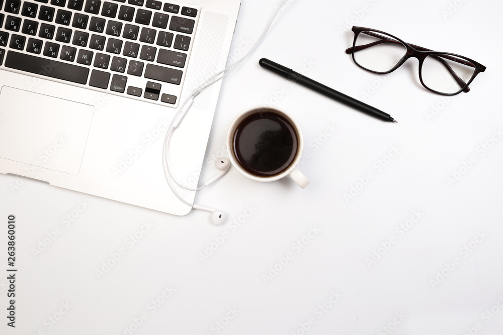 Office desk table with supplies. Flat lay Business workplace and objects. Top view. Copy space for text Office desk table with supplies. Flat lay Business workplace and objects. Top view. Copy space for text