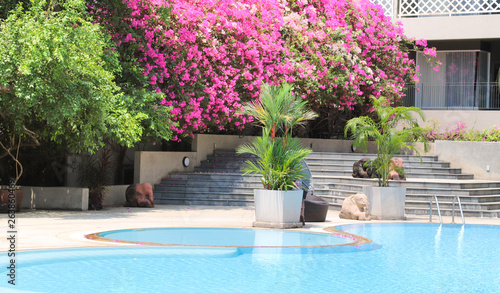 A part of desinged outdoor swimming pool with tropical natural background.