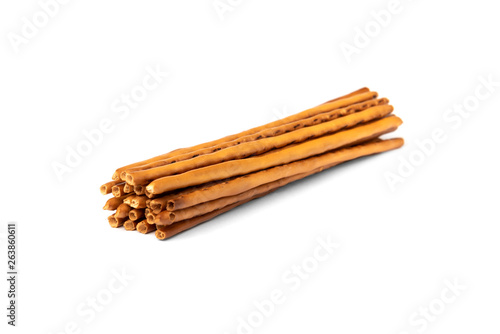 Cracker pretzel sticks isolated on white background.