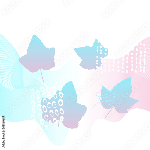 Abstract floral botanical background. Realistic herbs  flowers  plants in pastel colors with doodles   texture and gradient ribbon in pastel colors on white background.