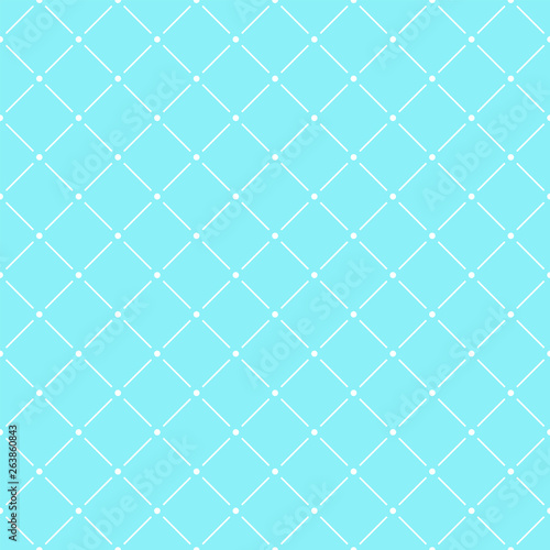 Lozenge seamless pattern of white line shapes with dots on blue background.