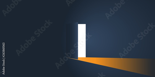      Dark room, Open Door with Light Going Through It - New Possibilities, Hope Concept, Overcome Problems, Solution Finding 