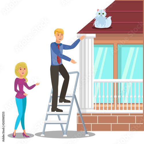 Man Rescuing Cat on Roof Flat Vector Illustration