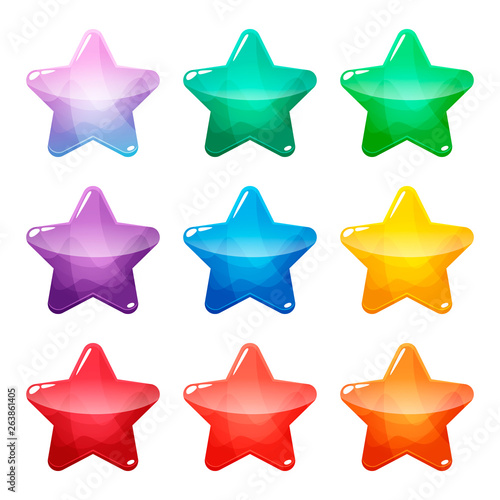 Colorful star glossy buttons set, vector assets for web or game design, app icons vector template isolated on white background.