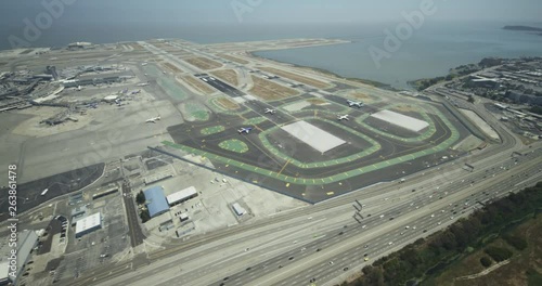 Busy airport in San Francisco, aerial