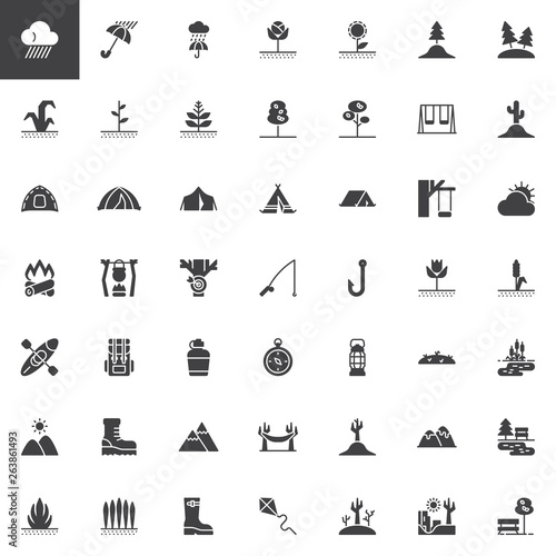 Outdoor and hiking vector icons set, modern solid symbol collection, filled style pictogram pack. Signs logo illustration. Set includes icons as campfire wood, camping tent, pot and bonfire, park tree