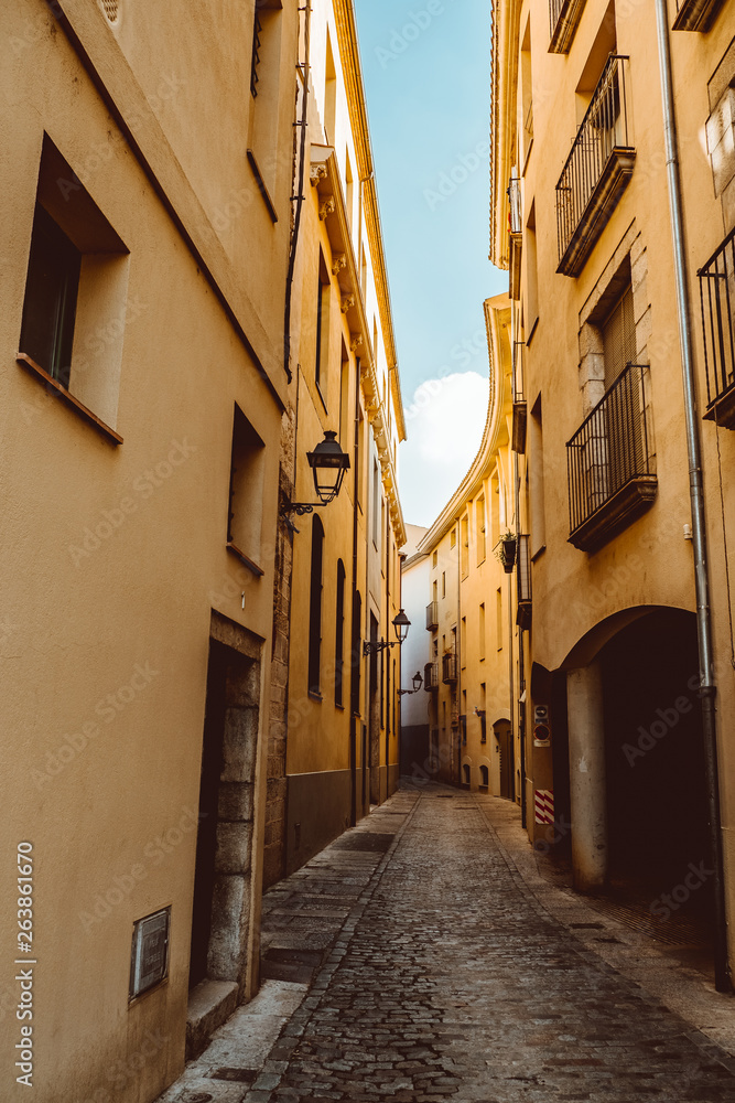 Fototapeta premium Narrow street in old town. Girona, Catalonia