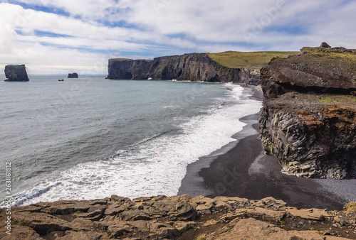 Dyrholaey foreland located on the south coast of Iceland, view from Kirkjufjara beach