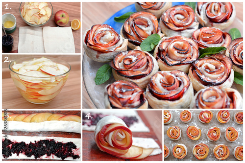  Cooking Process step by step of Apple Roses cakes puff pastries . Cooking Concept