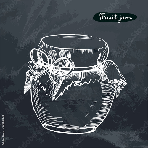 Vector hand drawn Illustration with jar full of fruit jam,isolated on the grunge chalk background. Sketch can for jam.Hand drawn style.